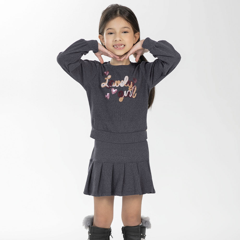 Conjunto Blusa Manga Longa e Saia Bordado Lovely Girl Cativa - Feminino