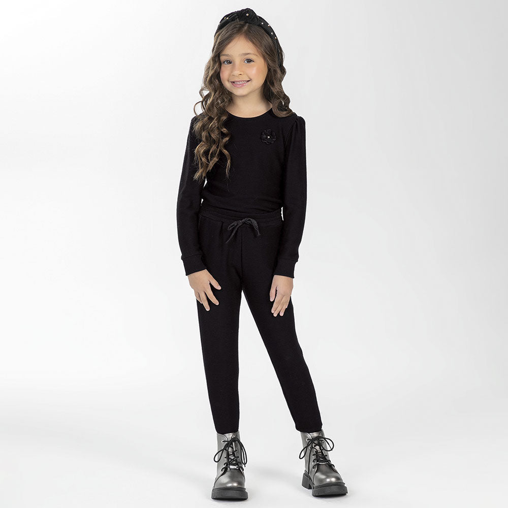 Conjunto Blusa Manga Longa e Calça Canelado Cotelê Aplique Flor Cativa - Feminino