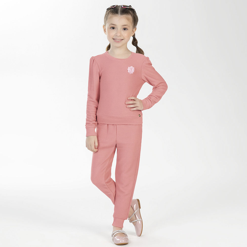 Conjunto Blusa Manga Longa e Calça Canelado Cotelê Aplique Flor Cativa - Feminino