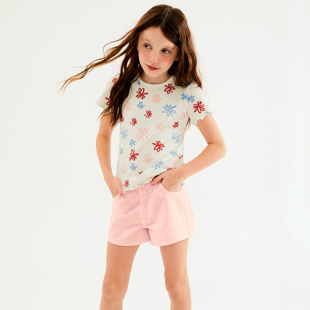 Shorts Em Sarja Hering Kids Barra Desfiada Feminina - Rosa