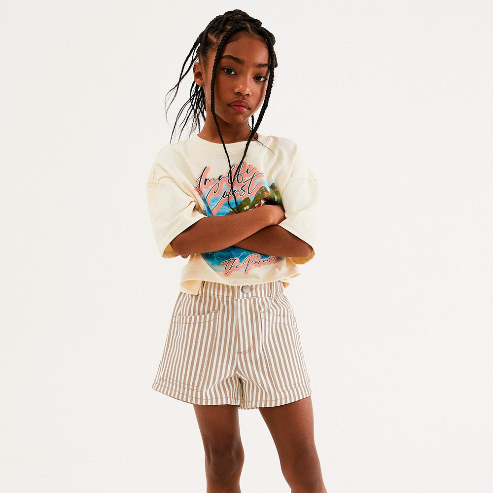 Shorts Em Sarja Hering Kids Listrado Feminino - Creme