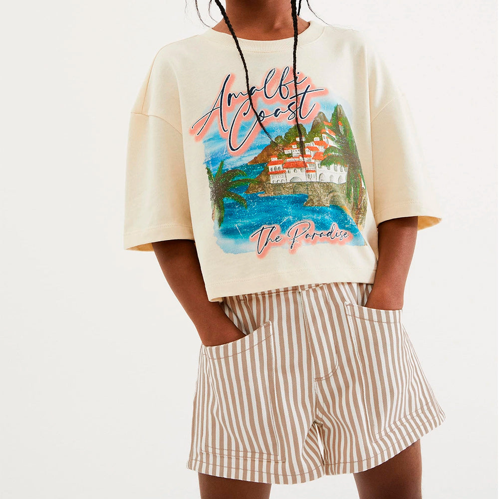 Shorts Em Sarja Hering Kids Listrado Feminino - Creme