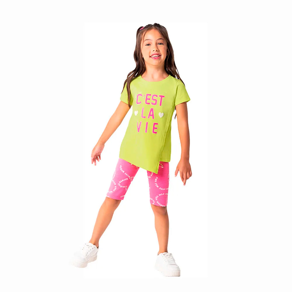 Conjunto Camiseta Manga Curta e Bermuda Malwee C'est La Vie Feminino - Verde Limão
