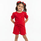 Conjunto Camiseta Manga Curta e Shorts Malwee Com Aplicações Prata Feminino - Vermelho