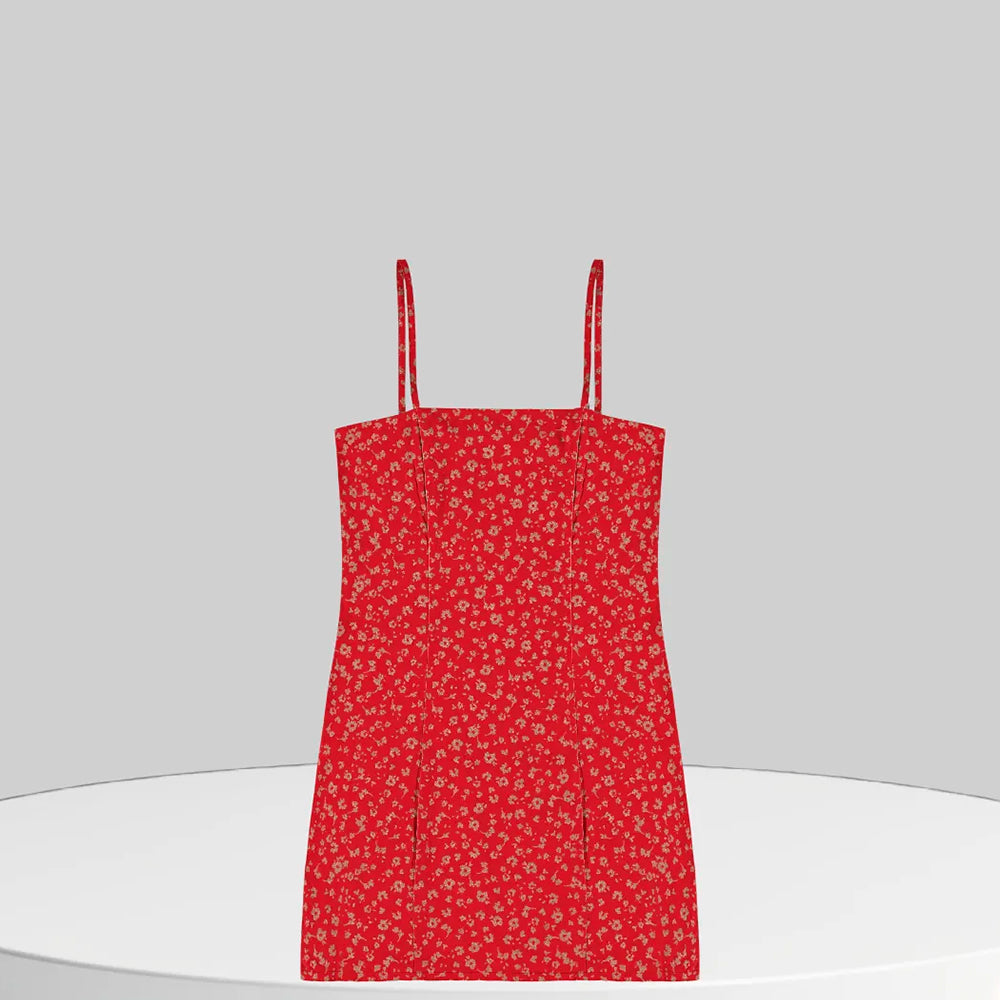 Vestido Alça Fina Malwee Com Estampa De Florzinhas Douradas Feminino - Vermelho