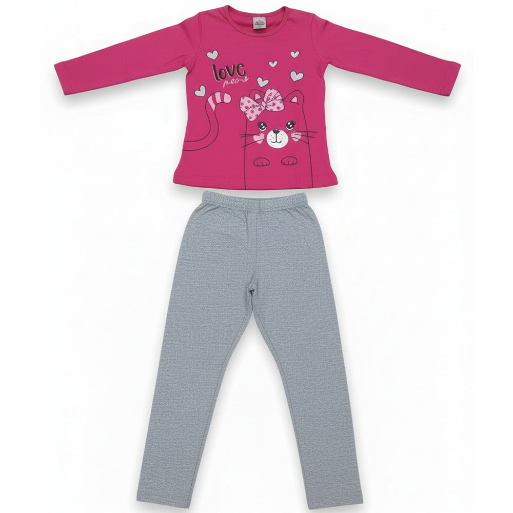 Conjunto Manga Longa E Calça Grilo Kids Love Meow Feminina