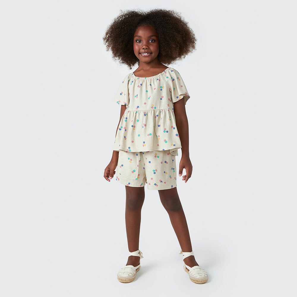 Blusa Bata Hering Infantil Floral Com Linho Feminina - Bege