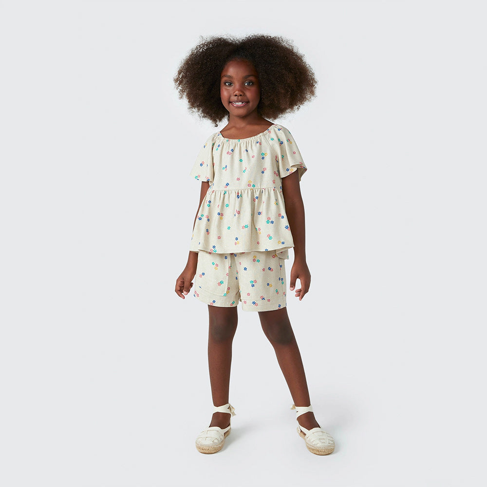 Shorts Hering Floral Com Linho Feminino - Bege