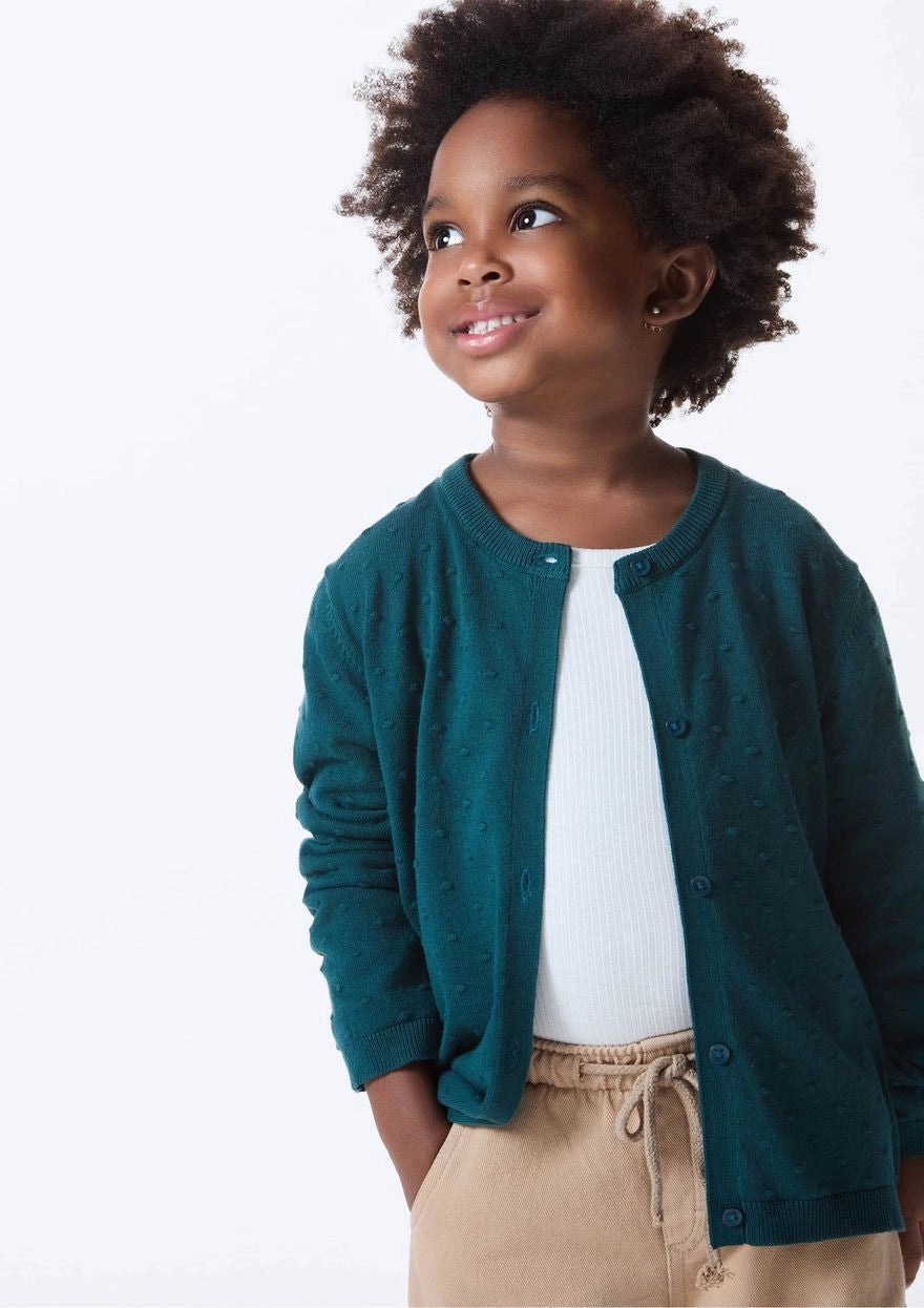 Cardigan em Tricot Ponto Diferenciado Verde Hering Infantil - Feminino