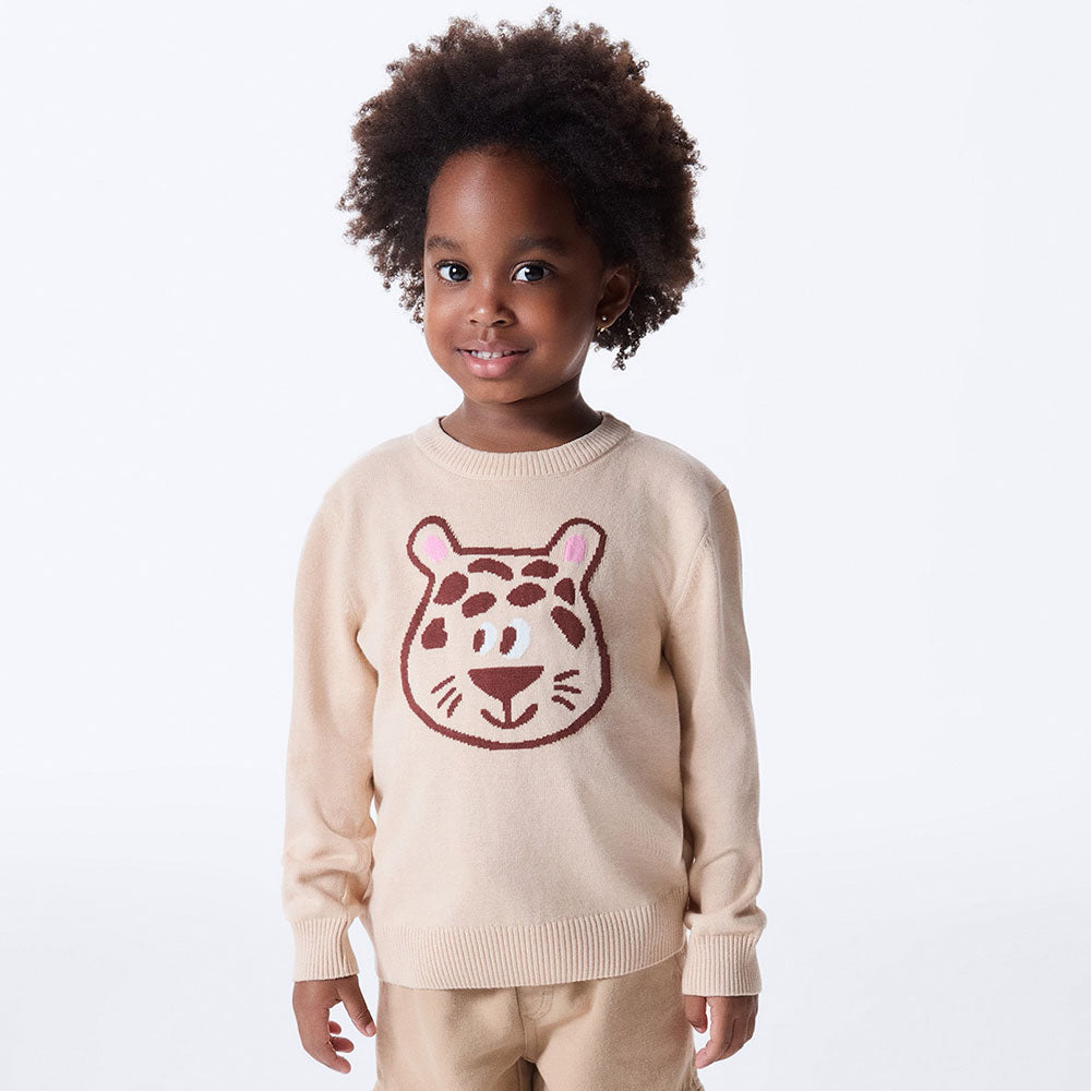 Blusão de Tricot Jacquard Onça Bege Hering Infantil - Feminino
