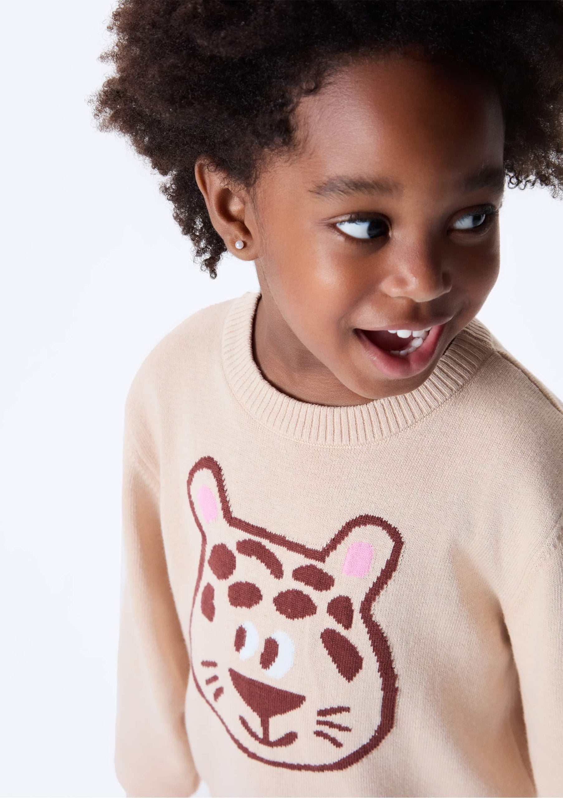 Blusão de Tricot Jacquard Onça Bege Hering Infantil - Feminino