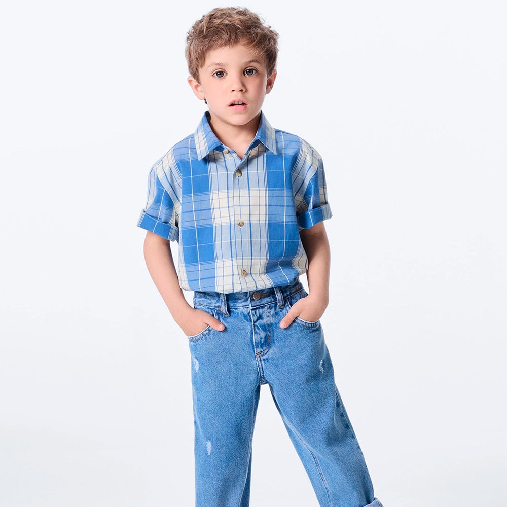 Camisa Manga Curta Hering Infantil Tricoline Xadrez Masculina - Azul