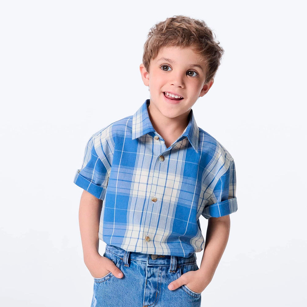 Camisa Manga Curta Hering Infantil Tricoline Xadrez Masculina - Azul