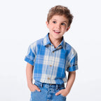 Camisa Manga Curta Hering Infantil Tricoline Xadrez Masculina - Azul