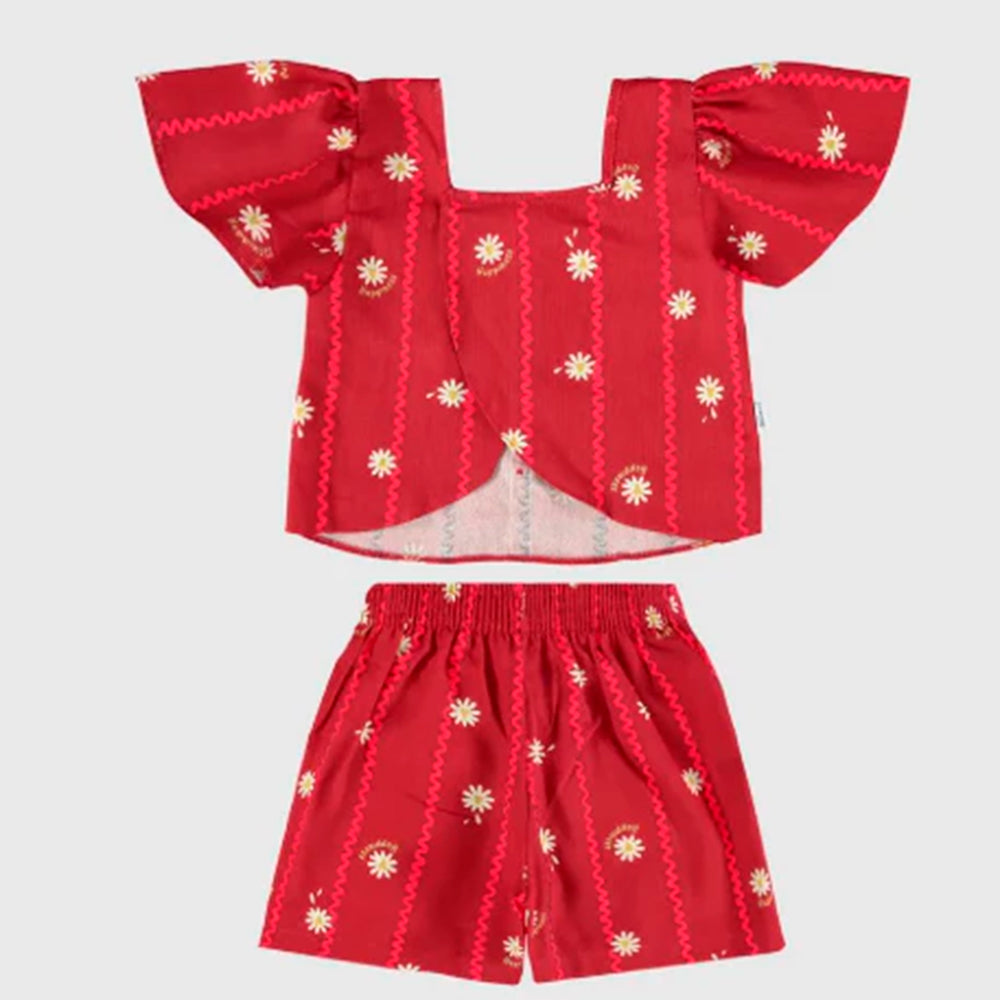 Conjunto Camiseta Manga Curta e Shorts Malwee Estampa De Margaridas Feminino - Vermelho