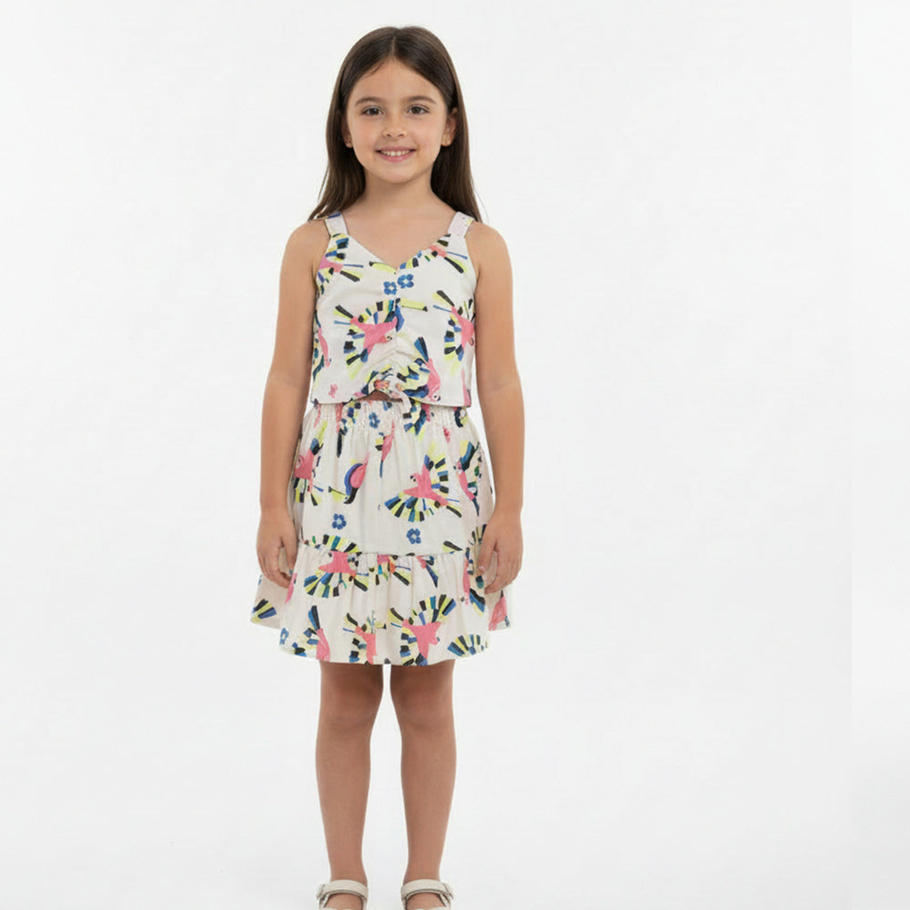 Conjunto Regata e Saia Malwee Pássaros Coloridos Feminino - Off- White