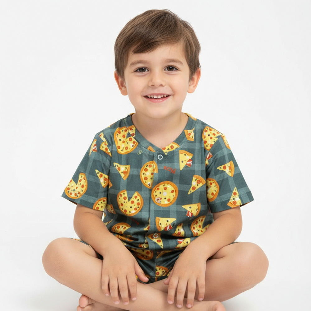 Pijama Cara De Criança Estampa de Pizza Masculino - Verde/Branco