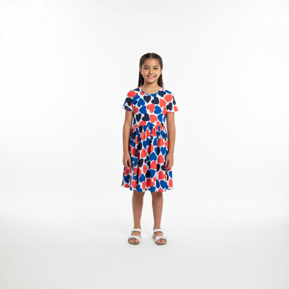 Vestido Manga Curta Malwee Corações Coloridos Feminino - Branco/Azul/Rosa