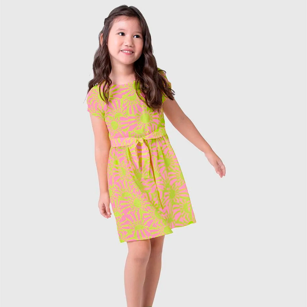 Vestido Manga Curta Malwee Sol Colorido Feminino - Rosa/Verde Limão