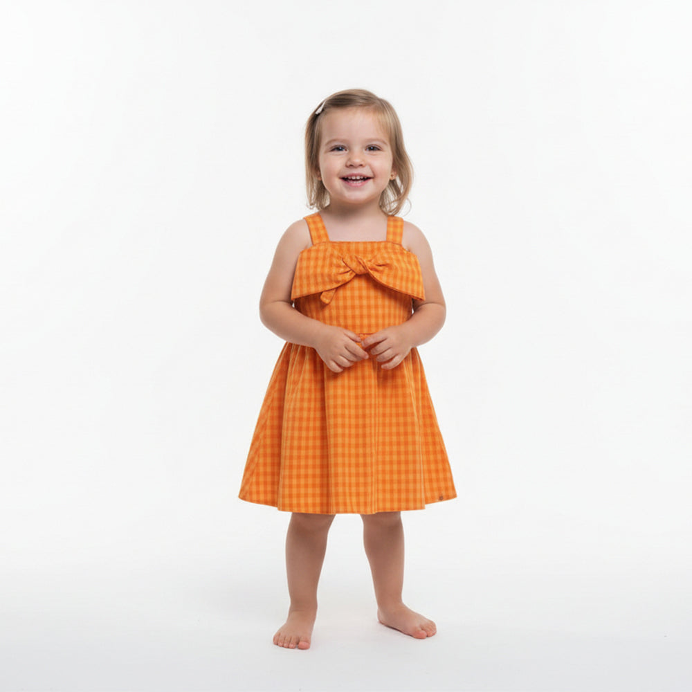 Vestido De Alça Malwee Xadrez Com Amarração No Peito Feminino - Laranja