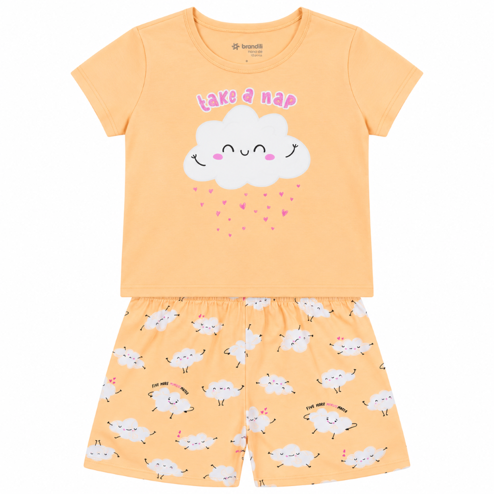 Pijama Blusa e Shorts Infantil Take a Nap Brilha no Escuro Feminino Brandili - Pêssego
