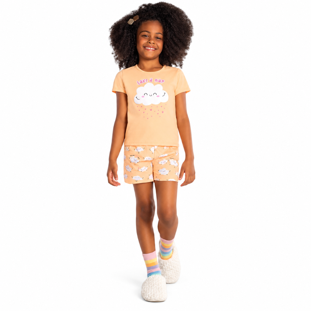 Pijama Blusa e Shorts Infantil Take a Nap Brilha no Escuro Feminino Brandili - Pêssego