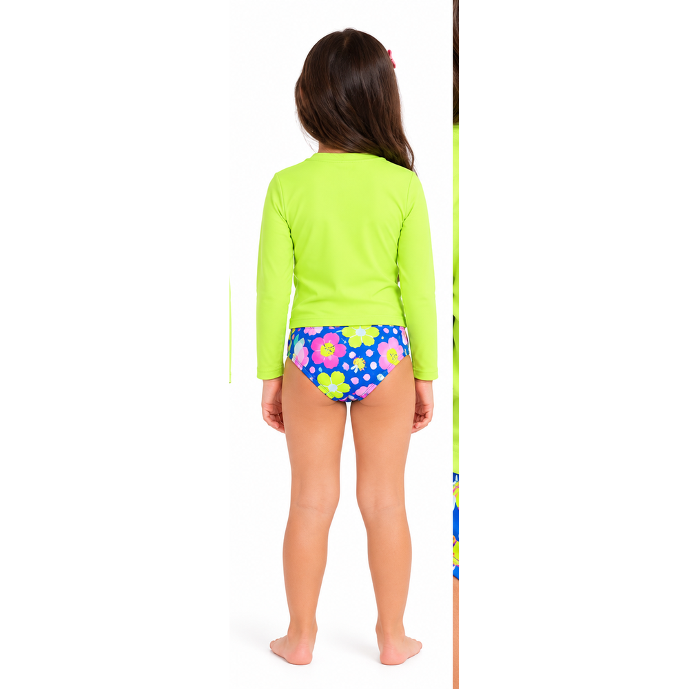Trijunto Infantil Moda Praia Biquíni Fundo do Mar e Camiseta Manga Longa Menina Boca Grande - Amarelo Light Neon