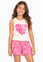 Conjunto Blusa Meia Malha e Shorts Moletinho Menina Brandili - Off-White/Rosa