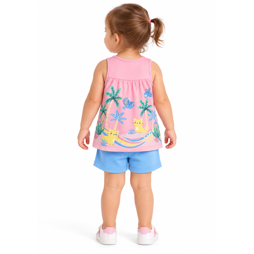 Conjunto Bebê Regata Tropical e Shorts Brandili Menina - Rosa e Azul