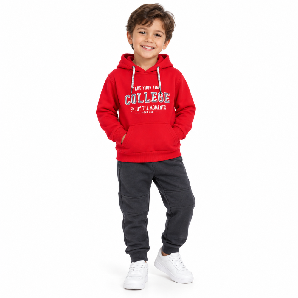 Conjunto Blusa e Calça Jogger Moletom College Infantil Unissex TMX Kids&Teens - Vermelho/Chumbo