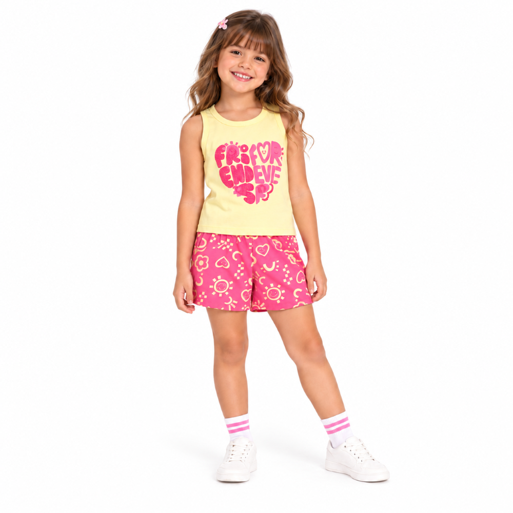 Conjunto Blusa Meia Malha e Shorts Moletinho Infantil Feminino Brandili - Amarelo/Rosa
