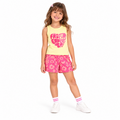 Conjunto Blusa Meia Malha e Shorts Moletinho Infantil Feminino Brandili - Amarelo/Rosa