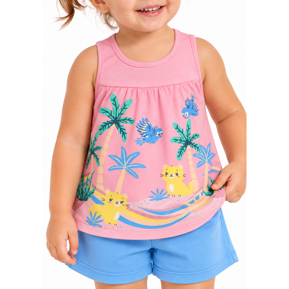 Conjunto Bebê Regata Tropical e Shorts Brandili Menina - Rosa e Azul