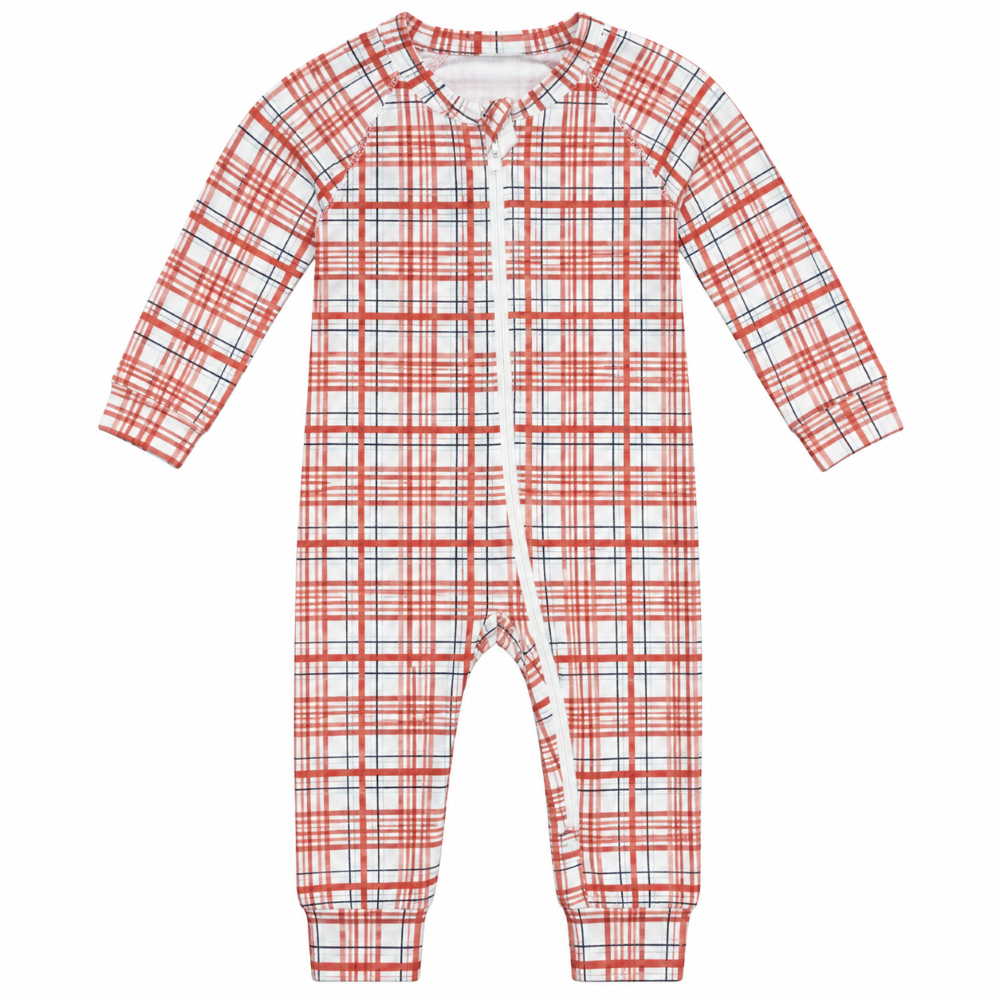 Macacão Manga Longa Abertura Zíper Suedine Xadrez Masculino Mini & Co - Terracota/Azul