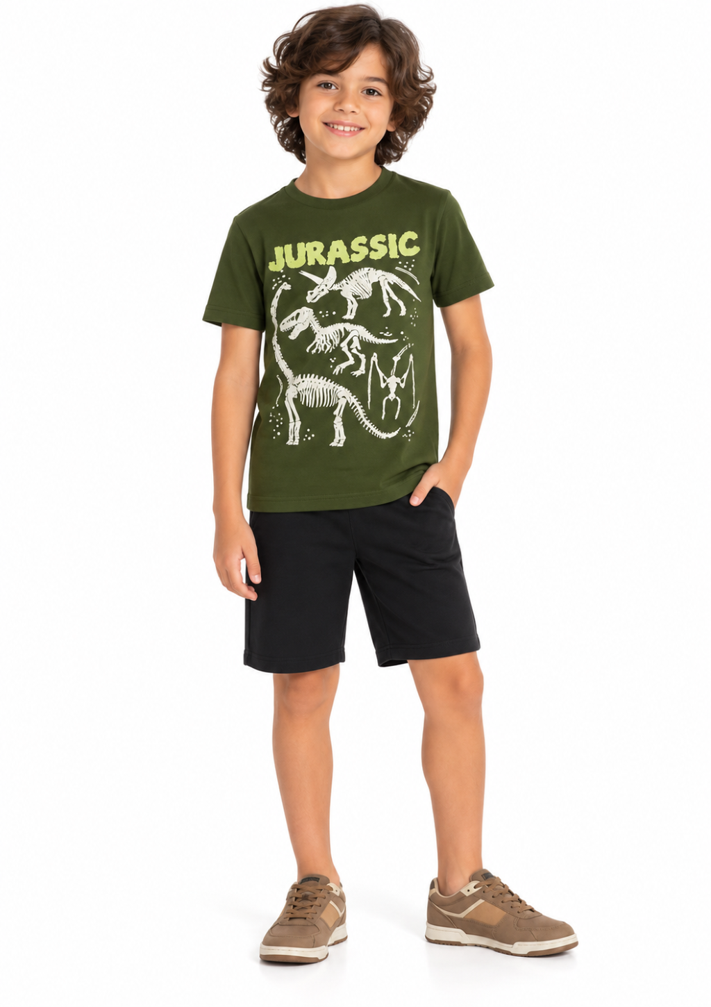 Conjunto Infantil Camiseta Dinossauros e Bermuda Menino Brandili Club  - Verde