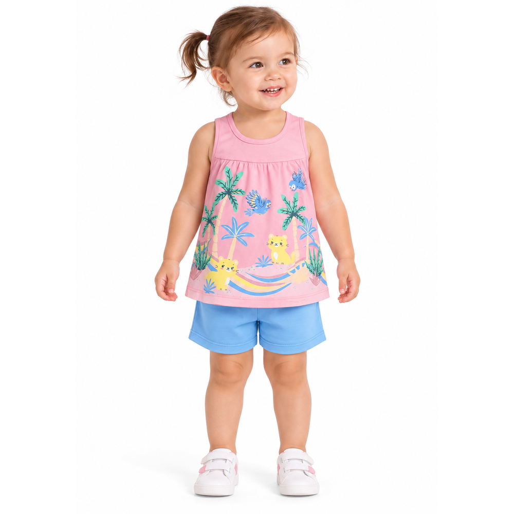 Conjunto Bebê Regata Tropical e Shorts Brandili Menina - Rosa e Azul