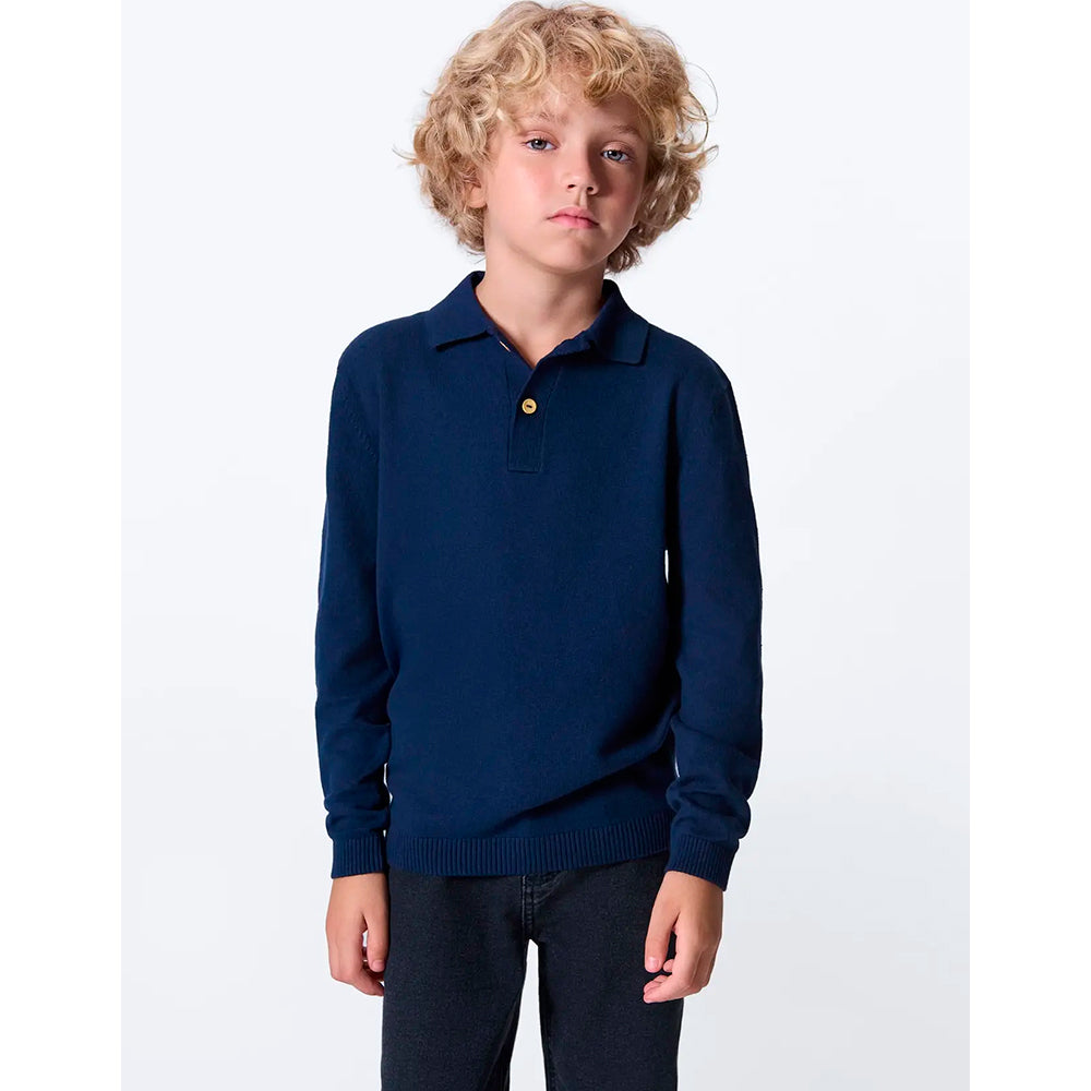 Camisa Polo Manga Longa Em Tricô Regular Hering Kids Masculino - Azul
