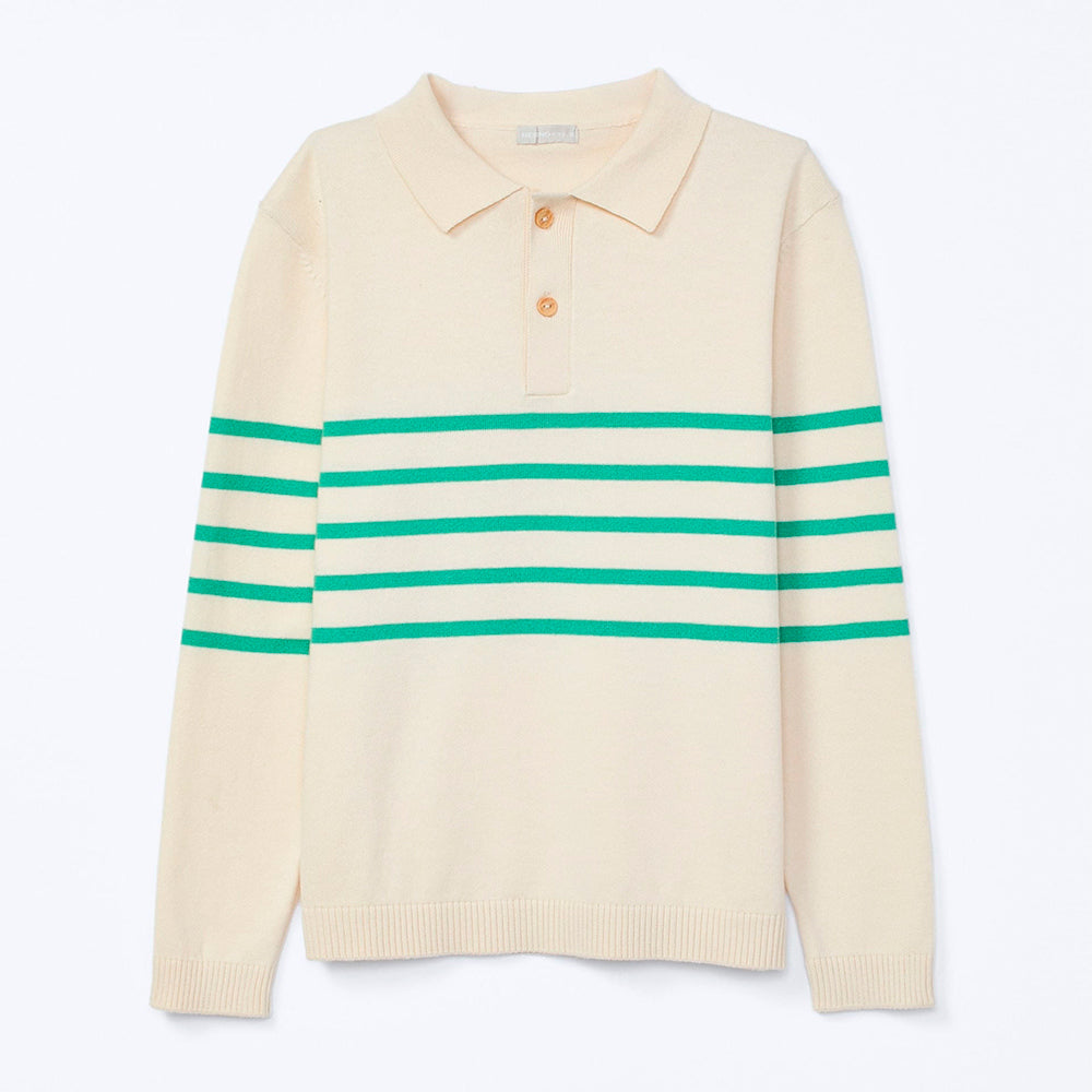 Camisa Polo Manga Longa Em Tricô Fio Tinto Listrado Hering Kids Masculino - Off-White