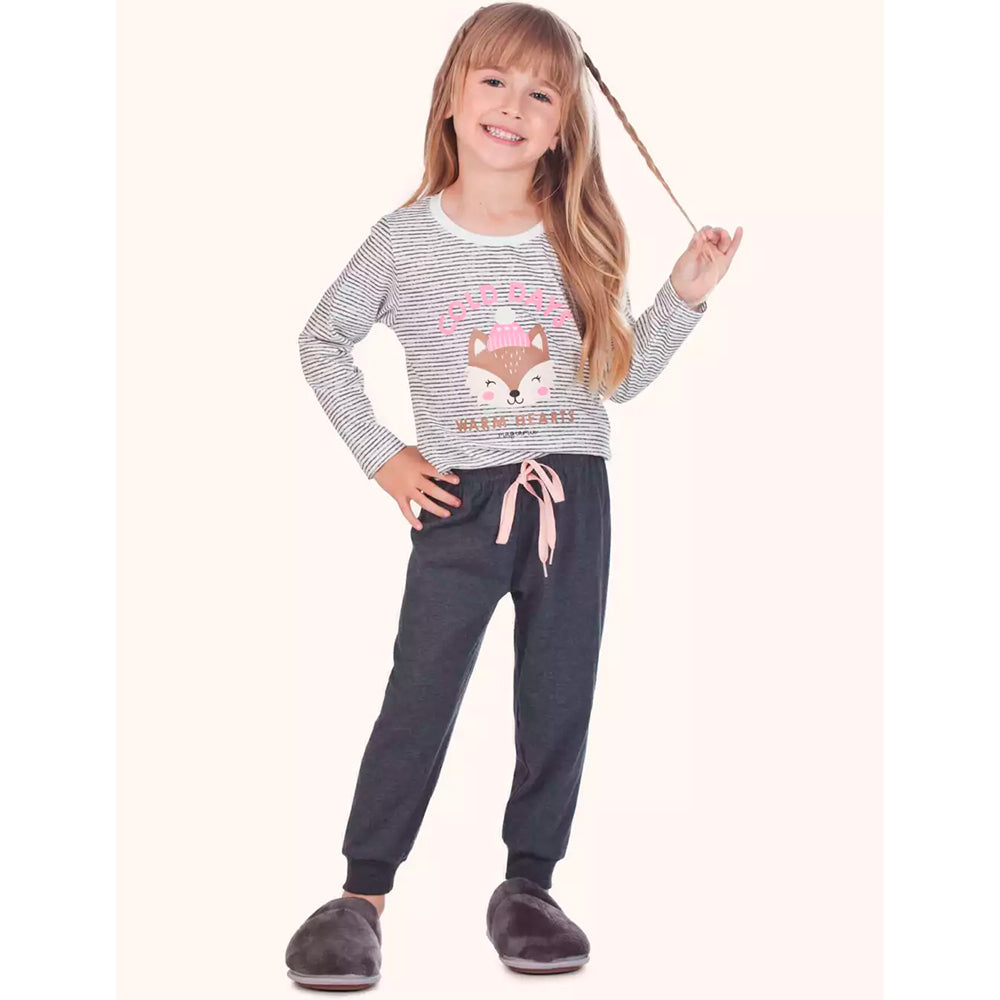 Pijama Manga Longa Com Estampa Feminina MagiaMix- Branco e Cinza
