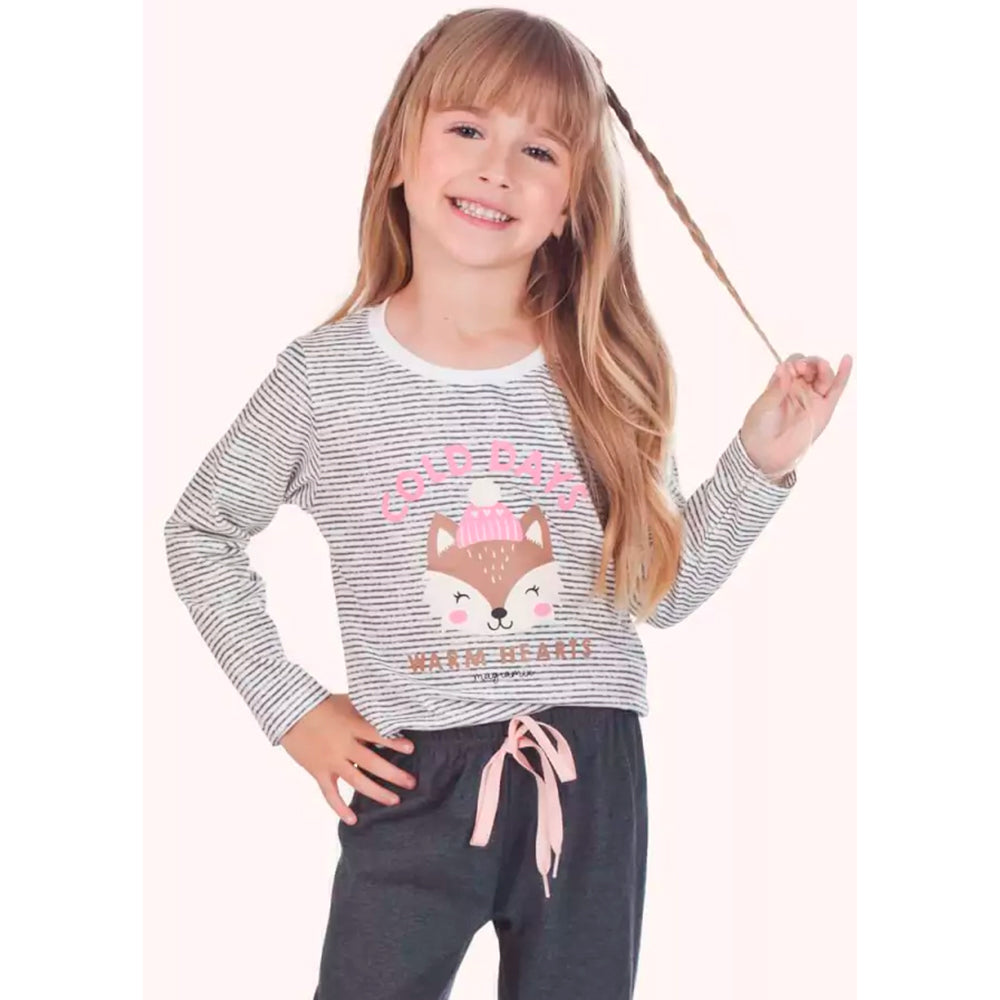 Pijama Manga Longa Com Estampa Feminina MagiaMix- Branco e Cinza