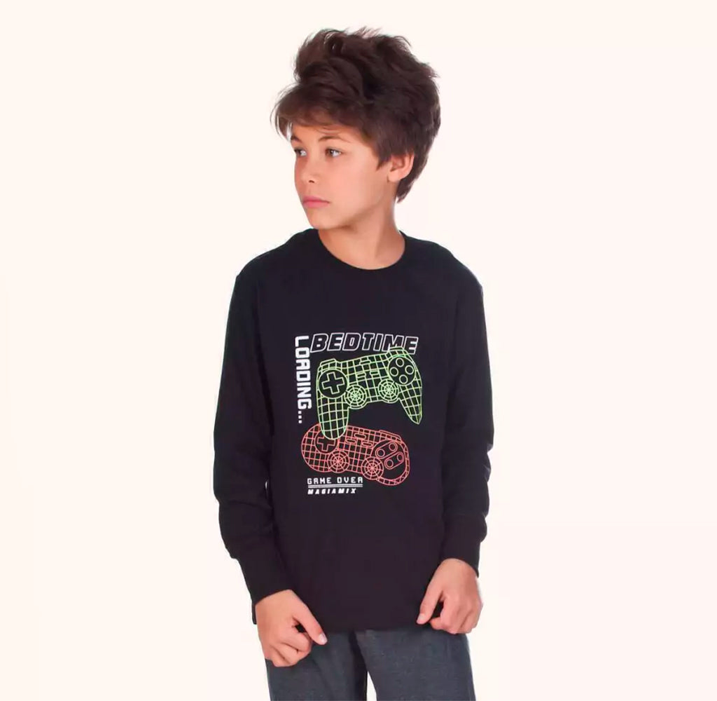 Pijama Manga Longa com Estampa Masculina Magiamix - Preto