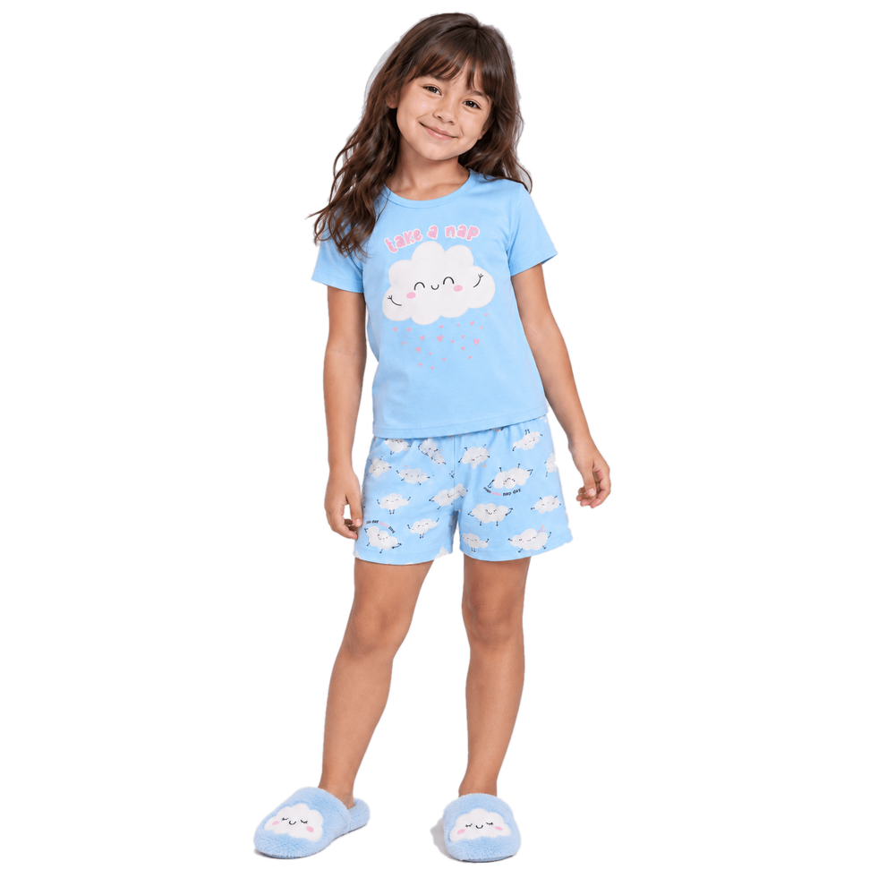 Pijama Blusa e Shorts Infantil Take a Nap Brilha no Escuro Feminino Brandili - Azul