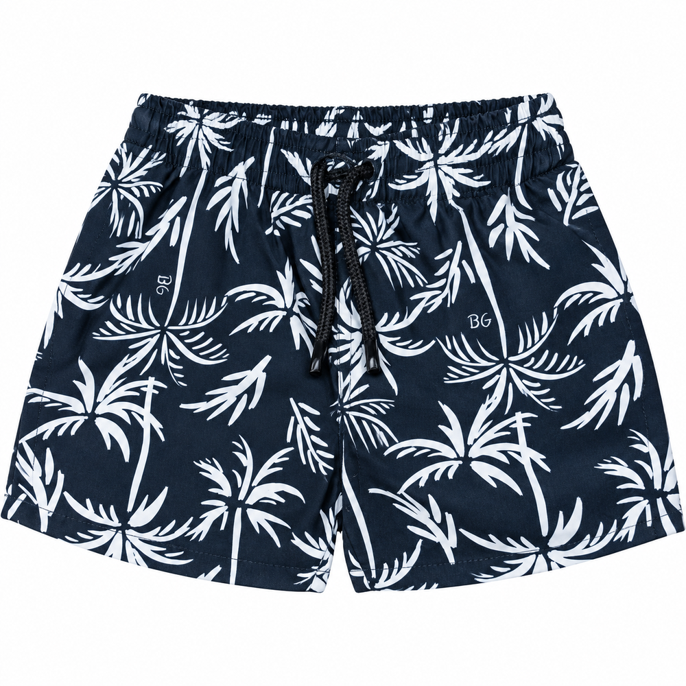 Shorts Infantil Moda Praia Estampa Coqueiros Menino Boca Grande - Preto e Branco