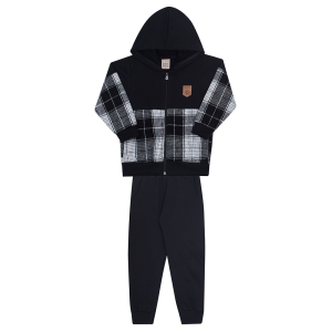 Conjunto Casaco Flanela com Capuz e Calça Moletom Preto Xadrez Randa Mundu - Masculino