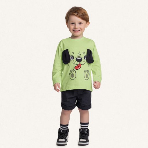 Camiseta Manga Longa Malha Verde Cachorrinho Fakini - Masculina - Imagem 3