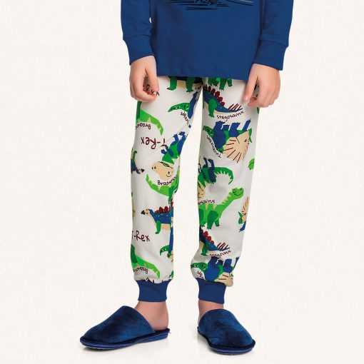 Conjunto Pijama Malha Manga Longa Estampado Game On Dino Azul Fakini – Masculino - Imagem 3