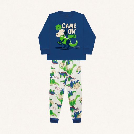 Conjunto Pijama Malha Manga Longa Estampado Game On Dino Azul Fakini – Masculino - Imagem 4