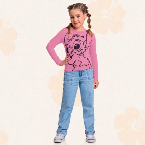 Camiseta Manga Longa Canelada Rosa Estampada Lilo e Stitch Fakini – Feminina - Imagem 3