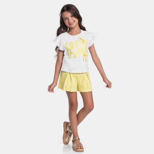 Conjunto Blusa Manga Curta e Shorts Fresh Time Fakini Feminino Branco/Amarelo