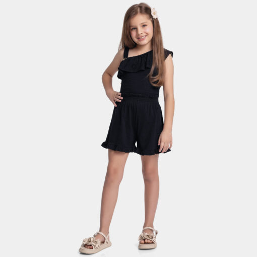 Conjunto Blusa e Shorts Com Babado No Busto Fakini Feminino - Preto